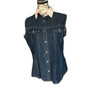 Women's Vtg Wrangler Shirt Silver Lake Vest L Western Denim Wear Country Cowgirl